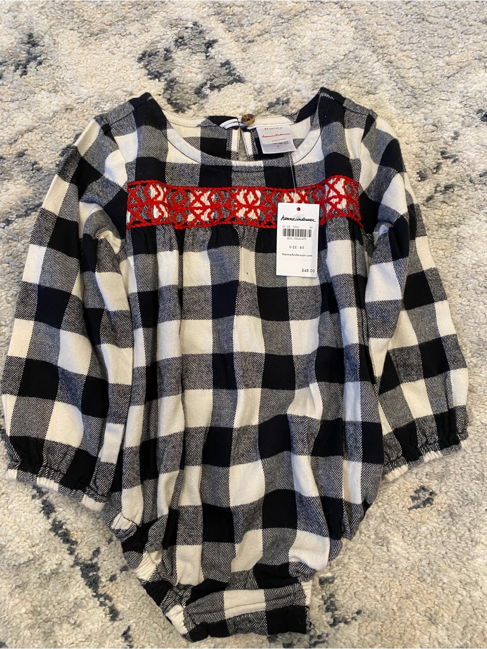 American Girl Black & White Buffalo Plaid Baby Romper with Red Trim